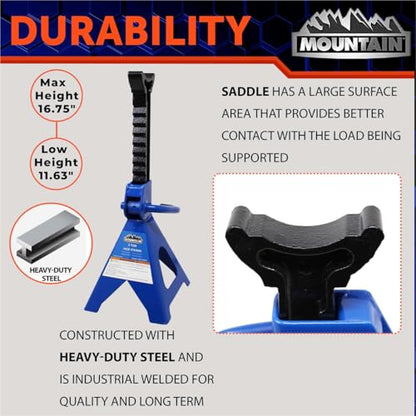 Mountain 52009 2 Ton Automotive Jack Stands for Garages, Repair Shops, and DIY, 4,000 lbs. Capacity, Lightweight, Heavy Duty Steel Frame, Adjustable Height 10.3"- 16.2", Wide Base, Black/Blue, Pair
