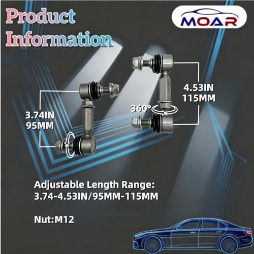 MOAR 3.74-4.53' M12 Adjustable Front Suspension Sway Stabilizer Bar End Link Kit 2 PCS Left & Right For Reduced Body Roll 360°Swivel With Length And Angle Maintenance Vehicle X091112 - color: X091112