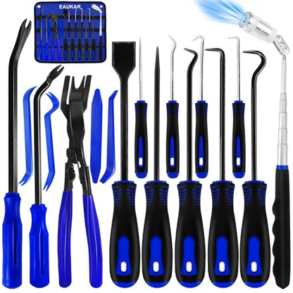 17Pcs Hook and Pick Tool Set with Scraper Auto Clip Removal Plier Fastener Remover Rivets Puller Mechanic Car Trim Removal Tool Kit Gasket Telescoping Magnetic Pickup Hand Automotive Tools(Blue) - color: Blue- 17 Pcs Auto Pick and Hook Set