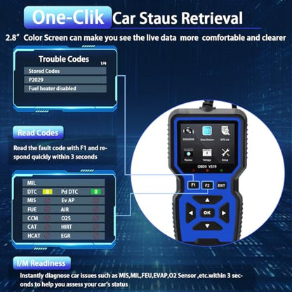 OBD2 Scanner Diagnostic Tool - Check Engine Light Code Reader, Reset Function, Data Stream, I/M Readiness, Full Features, Modes 6 & 8, for All 1996+ Vehicles, Automotriz Scanner - color: Blue
