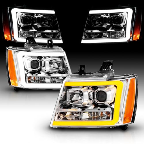 AmeriLite for 2007-2013 Chevy Avalanche/Suburban/Tahoe Switchback LED Turn Siganl Tube Chrome Projector Headlights Assembly Pair - Passenger and Driver Side - color: Chrome Projector Switchback LED Bar