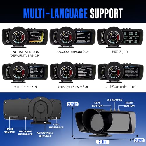 Heads Up Display for Cars – All in One HUD Dashboard Windshield Mount Car Display Screen with 100+ Digital Gauges Includes Temperature, Digital Speedometer, RPM Meter, Fuel, Plug and Play Display