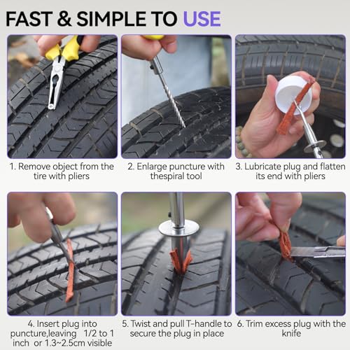 AUTOXBERT 93 PCs Car Tire Flat Repair Kit with Plugs Heavy Duty Professional, Universal Tire Plugs Kit for Flat Tires for ATV, Truck, Cars, Motorcycles, Tractor, Trailer, RVs, SUV, Off Road Vehicles - size: 93pcs Compact++kit