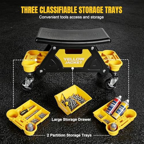 YELLOW JACKET Rolling Mechanic Seat with Drawer & Trays, 300lb, Garage Shop