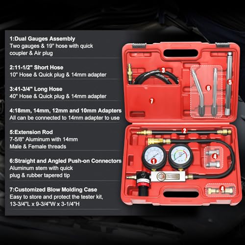 JIFETOR Cylinder Leak Down Tester 10PC Kit Professional Dual Pressure Gauge - color: Red Case