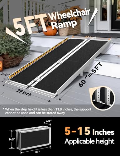 FACHNUO 5FT Portable Wheelchair Ramp for Home Steps, with Support Legs - size: 5FT(Using height 5-15'')