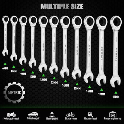 12-Piece Ratchet Wrench Set, Metric 6-18mm Ratchet Combination Wrenches Set, 12-Point 72-Tooth Ratcheting Spanners with Magnetic Base Organizer, Chrome Vanadium Steel for Automotive Mechanic Tool - style: Ratchet Metric