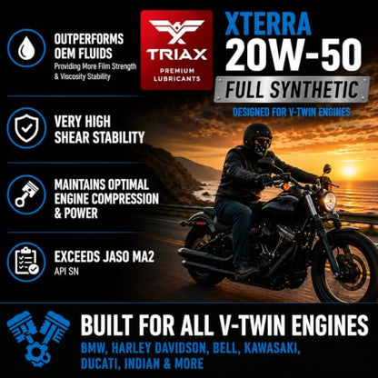 TRIAX XTerra 4T 20W-50 V-TWIN Full Synthetic Engine Oil | Exceeds JASO MA2 & API SL/SM/SN | True All Season (6 Quart Pack) - size: 1 Quart - Pack of 6