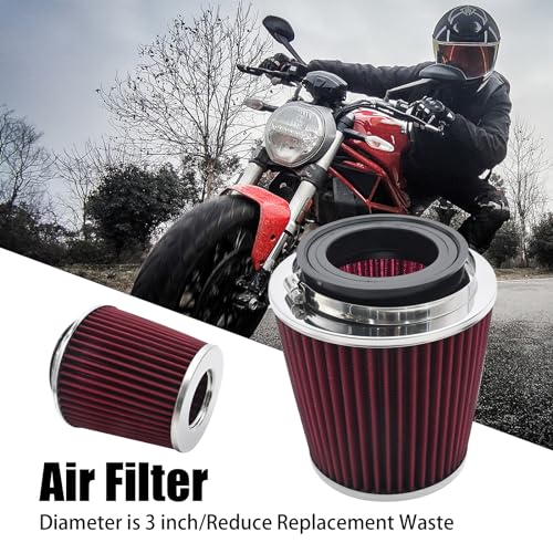 Anxingo Universal Clamp-On Air Filter for 3/3.5/4 inch High Performance Replacement Air Filter, Washable and Reusable Cone Cold Air Intake,Clamp-On Car High Flow Dry Air Kit (Red)