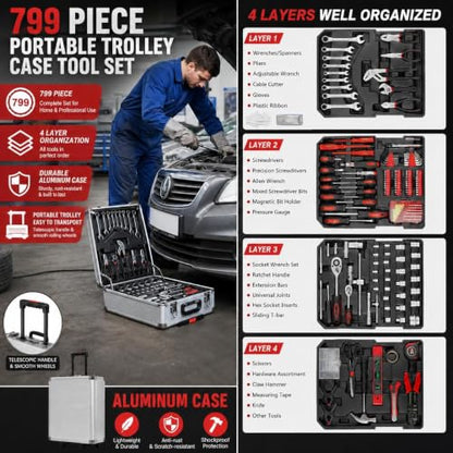 TLGREEN 799-Piece Mechanic Tool Set with Rolling Tool Box, Black - color: Silver