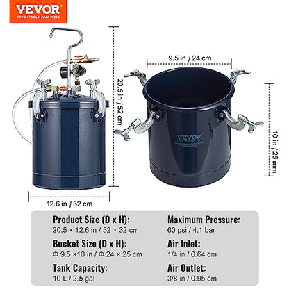 VEVOR Spray Paint Pressure Pot Tank, 10L/2.5gal Air Paint Pressure Pot, 1.5mm+4mm Two Nozzles Two Spray Paint Guns for Industry Home Decor Architecture Construction Automotive Painting, 60PSI Max - size: 10L1.5mm+4.0mm