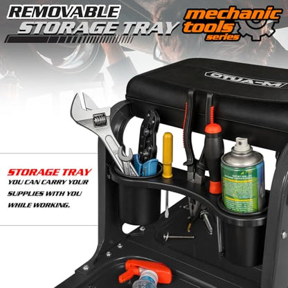 M-AUTO Garage Roller Seat Heavy Duty Rolling Shop Mechanic Creeper/Shop Stool with Tool Tray and Equipment Rack, 300LBS Capacity Creeper Seat with 5 Rollers for Detailing Car, Red