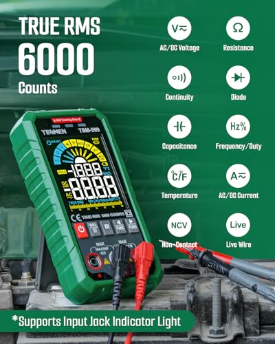TSM-599 Smart Digital Multimeter, TRMS 6000 Counts, Voltage Tester, Volt Meter with NCV, DC/AC Voltage&Current, Resistance, Continuity, Diode, Capacitance, Hz%, Temperature, Live Wire - Green - size: TSM-599 Auto&Manual Dual Multimeter