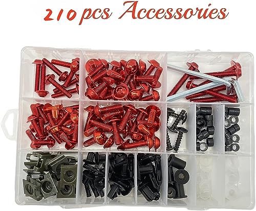 210PCS Motorcycle Fairing Bolt Aluminum M5 M6 Screws Fasteners (Red) - color: Red