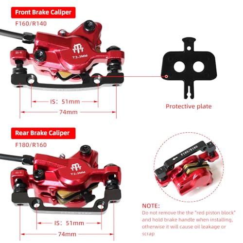 E-Bike Hydraulic Disc Brake Set, 2-PIN 2-Pistons Electric Power-Off Hydraulic Brakes Set, Left Front 950mm Right Rear 1880mm Pre-Bled with Mineral Oil Brakes Kit for eBike, MTB, Scooters - color: Red