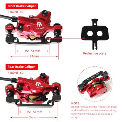 E-Bike Hydraulic Disc Brake Set, 2-PIN 2-Pistons Electric Power-Off Hydraulic Brakes Set, Left Front 950mm Right Rear 1880mm Pre-Bled with Mineral Oil Brakes Kit for eBike, MTB, Scooters - color: Red