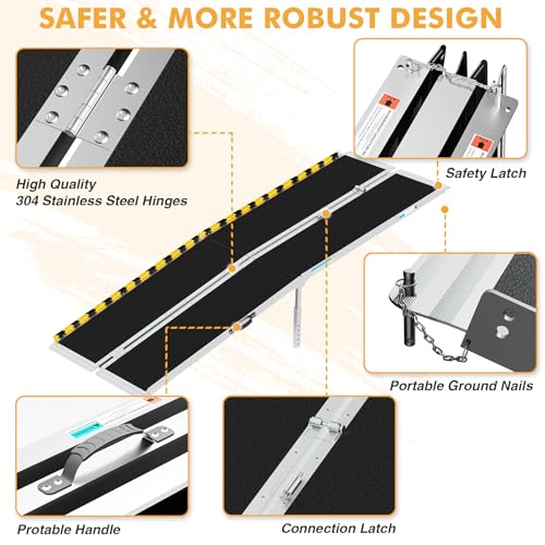 Portable Wheelchair Ramp 8ft, Anti-Slip Aluminum Alloy Barrier-Free Ramp with Thickened Support & Latch, Folding Handicap Ramps for Home Steps, Stairs, Doorways - size: 8ft