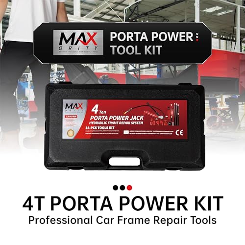 Maxority 4 Ton (8800 lbs Capacity) Porta Power Jack Hydraulic Ram Auto Body Frame Collision Repair Kit Set, 18-Pcs, with Blow Mold Carrying Case and Gauge - size: 4 Ton with gauge