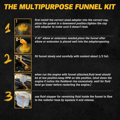 ELEAD No-Spill Coolant Funnel Kit - 19-Piece Radiator Funnel burping kit, coolant Bleeder kit, Extra Funnels and Adapters for Universal Vehicle - color: Multi-use Version Yellow