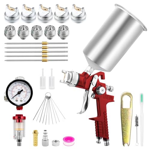 HVLP Air Spray Gun, Automotive Paint Gun Kit W/ 5 Nozzles 1000cc Cup - color: Red