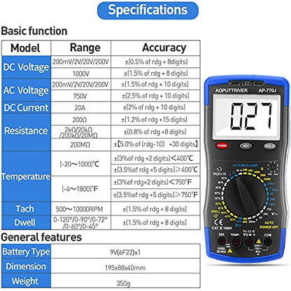 Digital Multimeter Automotive Engine Analyzer 3-1/2 Manual Ranging 20A DMM
