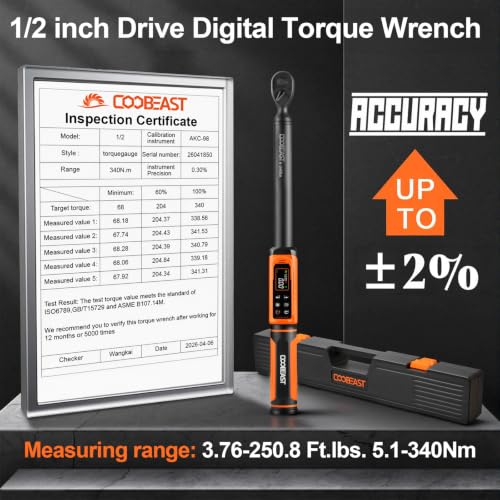 Digital Torque Wrench 1/2 Drive,Preset Value(3.76-250.8Ft.lbs./5.1-340Nm) - color: Black, size: 1/2-inch(3.76-250.8 Ft.lbs./5.1-340Nm)
