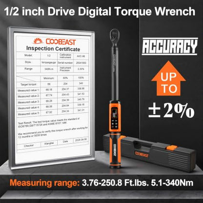 Digital Torque Wrench 1/2 Drive,Preset Value(3.76-250.8Ft.lbs./5.1-340Nm) - color: Black, size: 1/2-inch(3.76-250.8 Ft.lbs./5.1-340Nm)