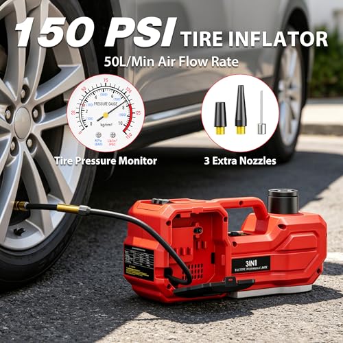 6T Electric Car Jack, 12V Portable Hydraulic Jack with Built-in Inflatable Pump, 550N·m Impact Wrench & LED Light, Lifting Height 6.1-17.7 Inch for SUV/Sedan/Truck/MPV Tire Change & Garage Repair - color: Red