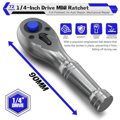 1/4-Inch Drive Stubby Ratchet, 9cm Ratchet Handle, 72-Tooth Quick-release Ratchet Wrench, Full Polished, for Auto Repair, Mechanical Repair - size: 1/4" Mini