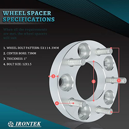IRONTEK 25mm 5x114.3mm Wheel Spacers (1in, 73mm Hub Bore, 12x1.5 Studs) 5x4.5 Wheel Spacers Adapter 25mm FITS Acura RSX NSX CL TSX TL RL for Toyota Rav4 for Chrysler 300M for Hyundai Tiburon 4PCS - size: 1"|5x4.5|4PCS