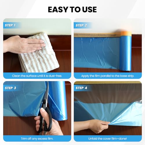 Pre-Taped Masking Film Film and Masking Tape in one Plastic Tape and Drape Roll Painters Plastic 55" x82feet (5 Pack)