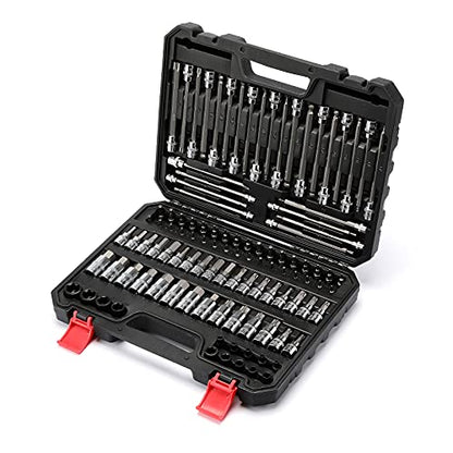 CASOMAN 107 Pieces Bit Socket Set, 1/4", 3/8" and 1/2" Drive, Torx/Tamper Proof Torx/Hex/Ball End Hex, SAE/Metric, S2 Steel Bits