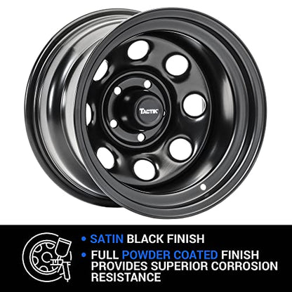 TACTIK Circle 8 Classic 15 Inch Solid Steel Wheel, Black - 15x10, 5x4.5 Bolt Pattern (-38.1mm Offset), 4" Backspace - Fits Jeep 1984-2006 Wrangler, Wagoneer, Comanche, Grand Cherokee TJ YJ MJ ZJ XJ LJ