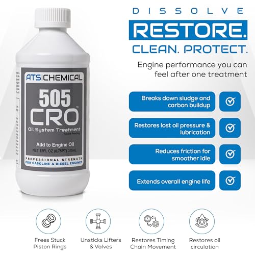 ATS Chemical 505 CRO Oil System Treatment - 12 oz Engine Oil Additive - Cleans Sludge, Reduces Emissions, Quiet Smooth Idle & Restores Performance in High-Mileage Gas & Diesel Engines - style: 505CRO Oil System Cleaner 12 FL OZ