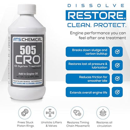 ATS Chemical 505 CRO Oil System Treatment - 12 oz Engine Oil Additive - Cleans Sludge, Reduces Emissions, Quiet Smooth Idle & Restores Performance in High-Mileage Gas & Diesel Engines - style: 505CRO Oil System Cleaner 12 FL OZ
