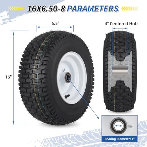 GICOOL 16x6.50-8 Tubeless Tire and Wheel, 【1" Bearing, 4" Centered Hub】,16x6.5-8" Lawn Mower Tires, Universal Fit Riding Mower and Garden Tractor Front Wheels, 4 Ply, V-Turf Pattern, 2 Pack - size: 16x6.50-8 Tubeless (4" Centered Hub,1" Bore)