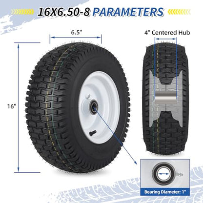GICOOL 16x6.50-8 Tubeless Tire and Wheel, 【1" Bearing, 4" Centered Hub】,16x6.5-8" Lawn Mower Tires, Universal Fit Riding Mower and Garden Tractor Front Wheels, 4 Ply, V-Turf Pattern, 2 Pack - size: 16x6.50-8 Tubeless (4" Centered Hub,1" Bore)