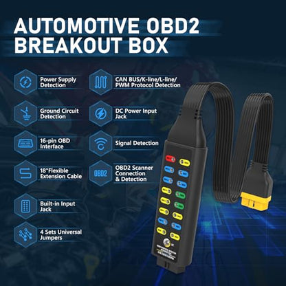 OBD2 Breakout Box, Automotive OBDII Protocol Detector Communication/Power/Ground Detection Breakout Box 16-Pin CAN 17.7 inches Cable Fault Diagnosis Scan Tool with Universal Wire Jumper and Clips - style: OBD2 Breakout Box