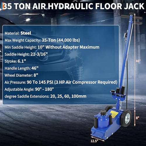 35 Ton Air Hydraulic Floor Jack for Heavy Duty Trucks & Tractors – Low Profile (10"-21.19"), 4 Adapters, 46" Adjustable Handle – 77,000 lbs Capacity - color: 35 Ton Blue