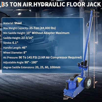 35 Ton Air Hydraulic Floor Jack for Heavy Duty Trucks & Tractors – Low Profile (10"-21.19"), 4 Adapters, 46" Adjustable Handle – 77,000 lbs Capacity - color: 35 Ton Blue