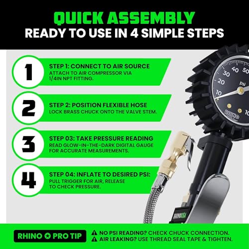 Rhino USA Tire Pressure Gauge with Inflator (0-100 PSI) - Braided Hose - style: 100psi Analog