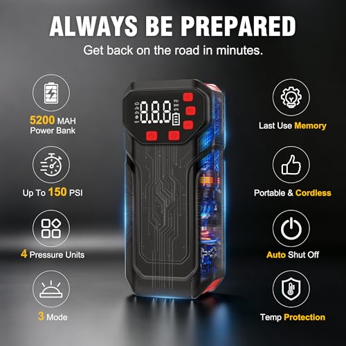 Tire Inflator Portable Air Compressor,5200mAh Cordless Car Air Pump with Digital Pressure Gauge, 150PSI Electric Tire Pump with Auto-Shutoff & LED Light Smart Inflation (Black)