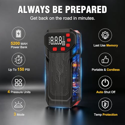 Tire Inflator Portable Air Compressor,5200mAh Cordless Car Air Pump with Digital Pressure Gauge, 150PSI Electric Tire Pump with Auto-Shutoff & LED Light Smart Inflation (Black)