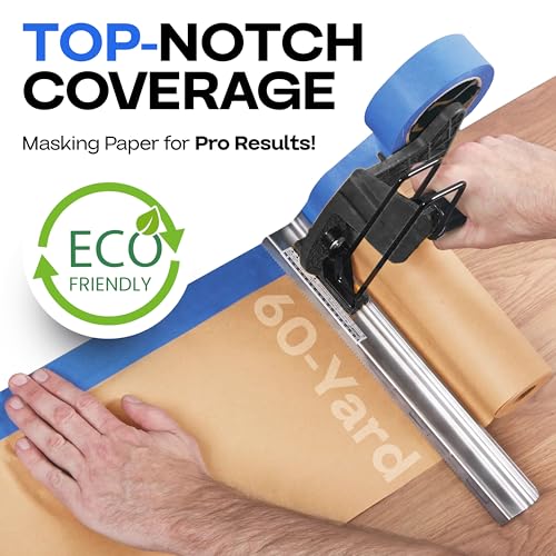 Masking Paper and Tape Set - 9" x 60 Yards Brown Masking Paper (1 Roll) and 1.41" x 60 Yards Blue Tape (1 Roll) - Masking Kit for Home Improvements - Painter’s Tape with Paper - color: 09"x180', Brown, size: 1 Roll + Tool