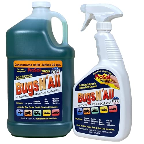 Bugs N’ All Multipurpose Car Cleaner & Degreaser - Bug & Tar Remover Concentrate 1 Gallon - Exterior Cleaner Safe for Car Paint, Metal, Chrome, Aluminum, Windows & Mirrors - w/Free 32 oz Spray Bottle - style: Multi-Surface Car Cleaner 1 gal