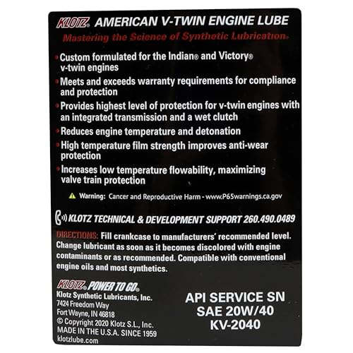 Klotz 6 Quart 20W-40 Synthetic Oil Change Kit for Indian™ Thunderstroke Motorcycle - size: 6 Quart - Indian Thunderstroke