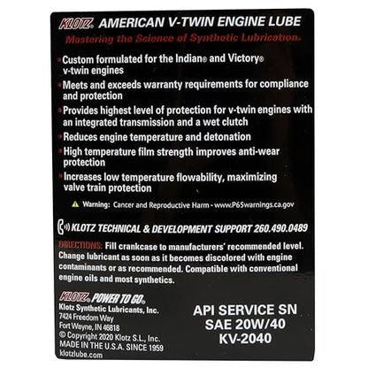 Klotz 6 Quart 20W-40 Synthetic Oil Change Kit for Indian™ Thunderstroke Motorcycle - size: 6 Quart - Indian Thunderstroke