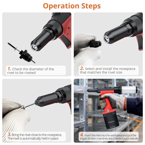 Proster Self-Suction Pneumatic Rivet Gun - Automatic Rivet Loading with 4 Nosepieces (3/32", 1/8", 5/32", 3/16"), 360° Swivel Air Hose Fitting for Automotive Marine Metal Fabrication - size: 4 Nozzles