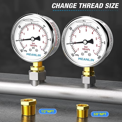 MEANLIN MEASURE -30inHG~100Psi Stainless Steel 1/4" NPT 2.5" FACE DIAL Vacuum Pressure Gauge, Lower Mount, with 1/2" NPT and 3/8" NPT Hex Bushing - size: -30inHG-100Psi
