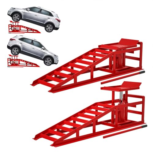 2 Pack Car Ramps,5T 11000lbs Capacity Portable Low Profile Heavy Duty Steel Automotive Vehicle Ramps Lift with Support Jack, for DIY Auto Beauty Stores Repair,Red - color: Red